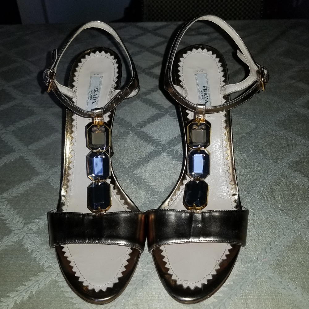 PRADA GOLD/BRONZE T-STRAP JEWELED HEELS